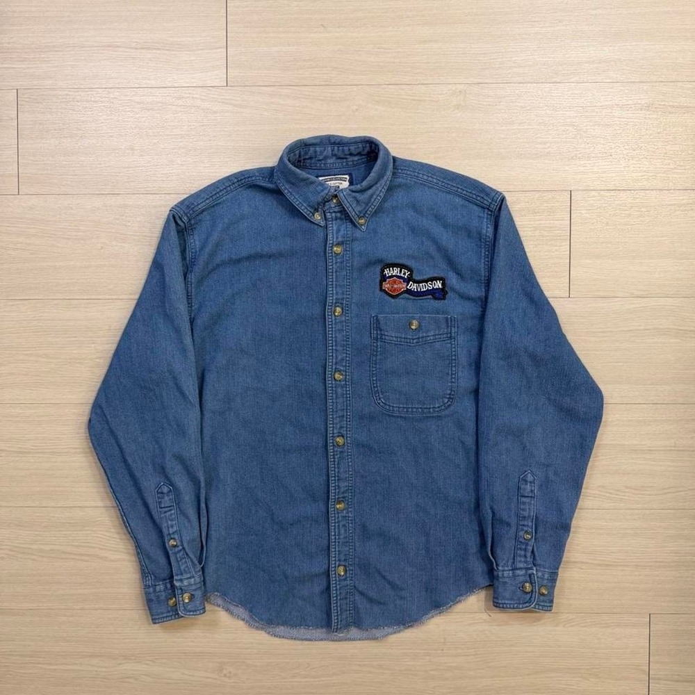 Vintage Lee Harley Davidson 100% Cotton Denim Long Sleeve Shirt Mens Size Small